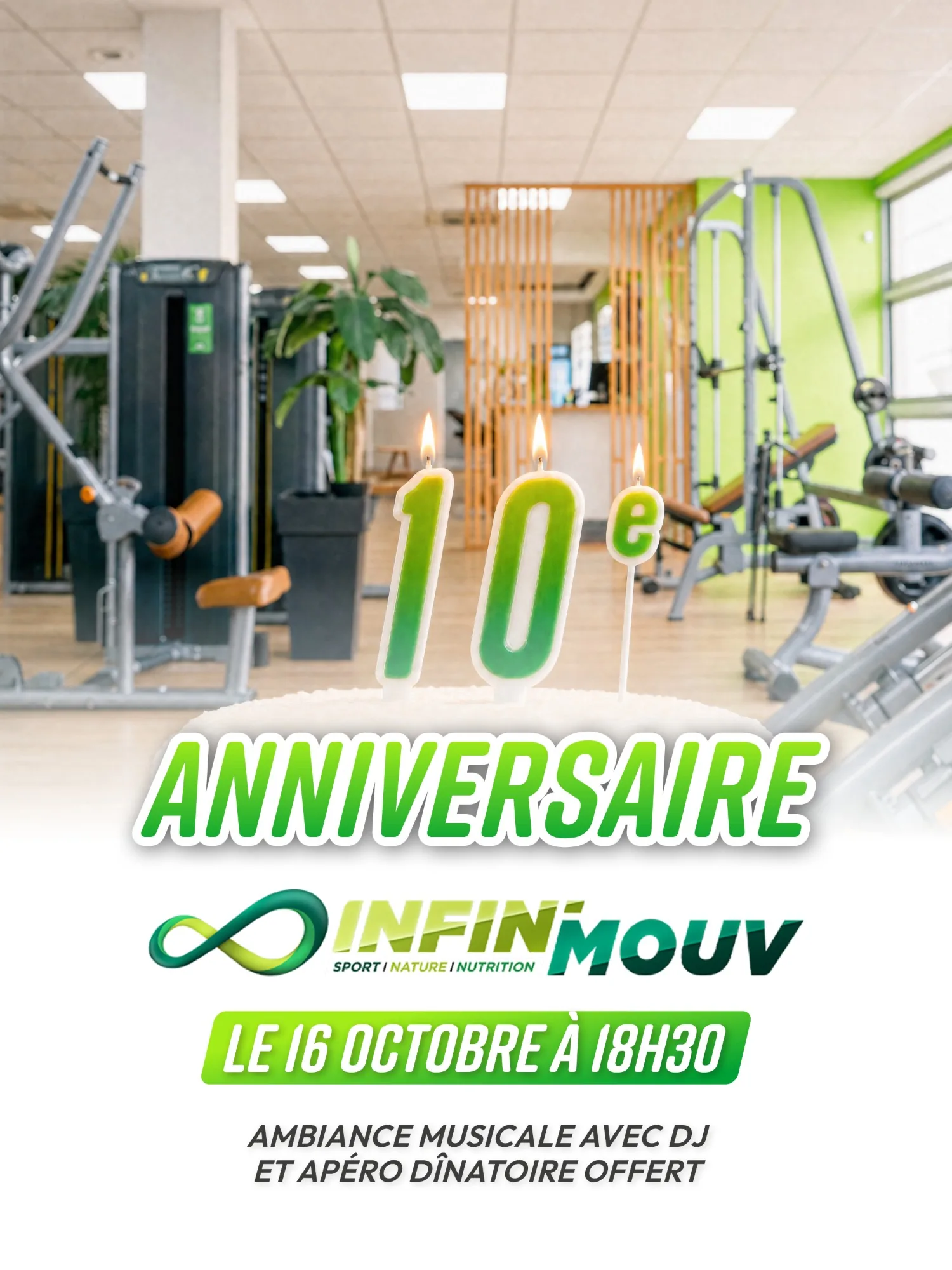 10e anniversaire d'Infini Mouv, le 16 octobre à 18h30 : ambiance musicale avec DJ et apéro dînatoire offert.