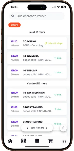 Application mobile Xplor Active pour réserver vos cours chez Infini Mouv